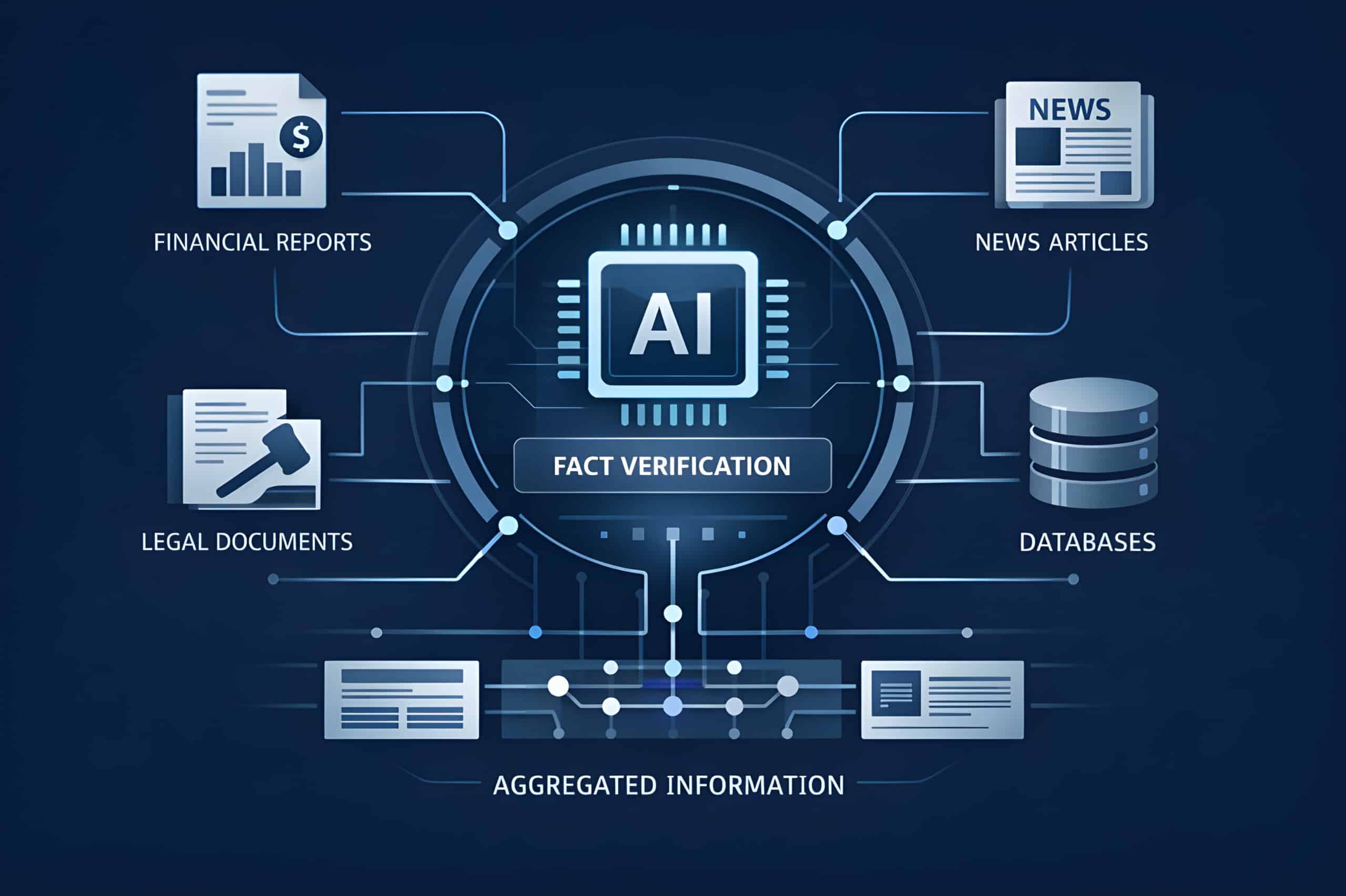 AI Fact Verification System Concept: Artificial Intelligence processing data from financial, legal, news, and aggregated information sources