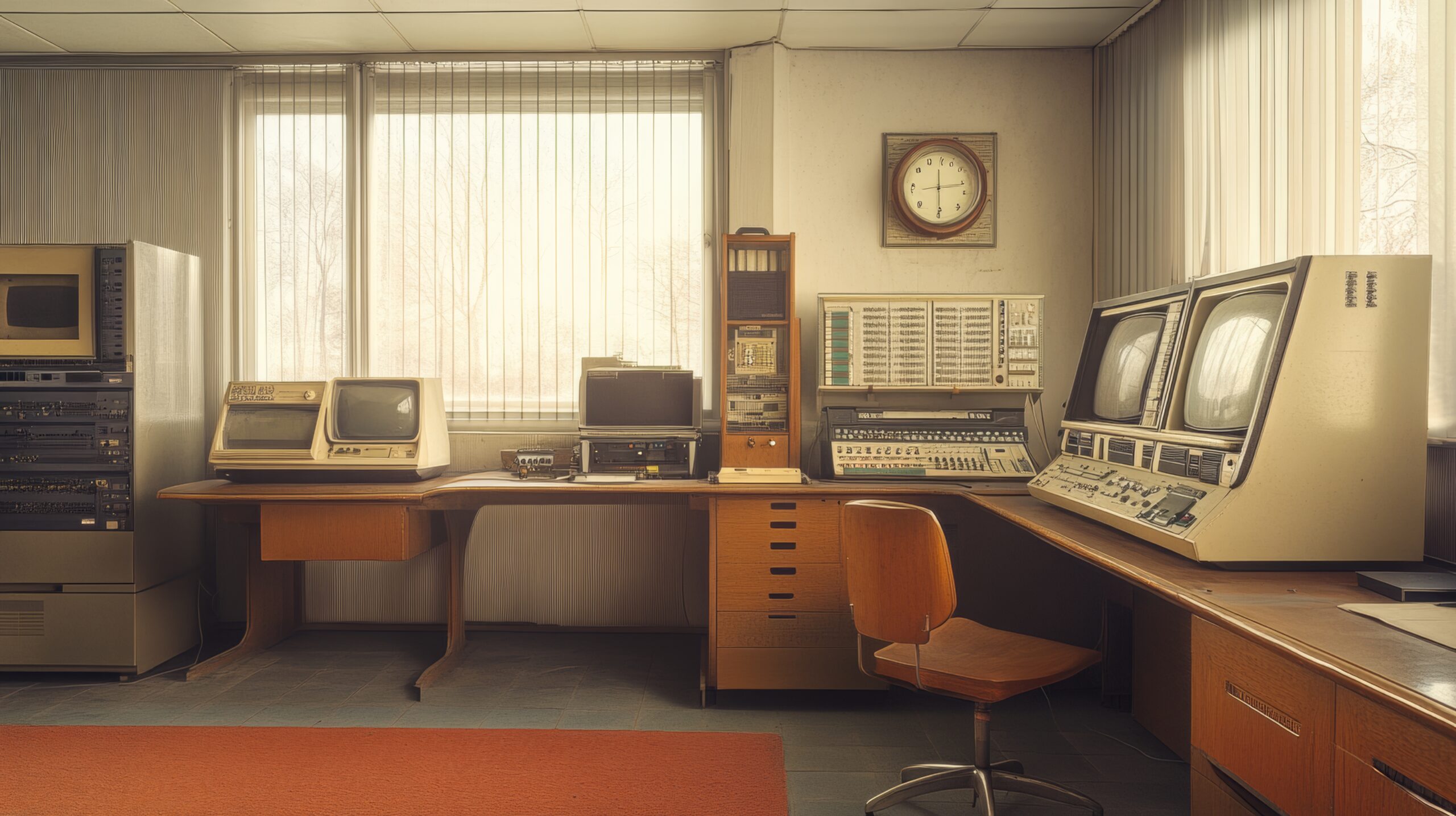 Vintage early computer equipment representing the birth of computing and artificial intelligence research in the 1950s