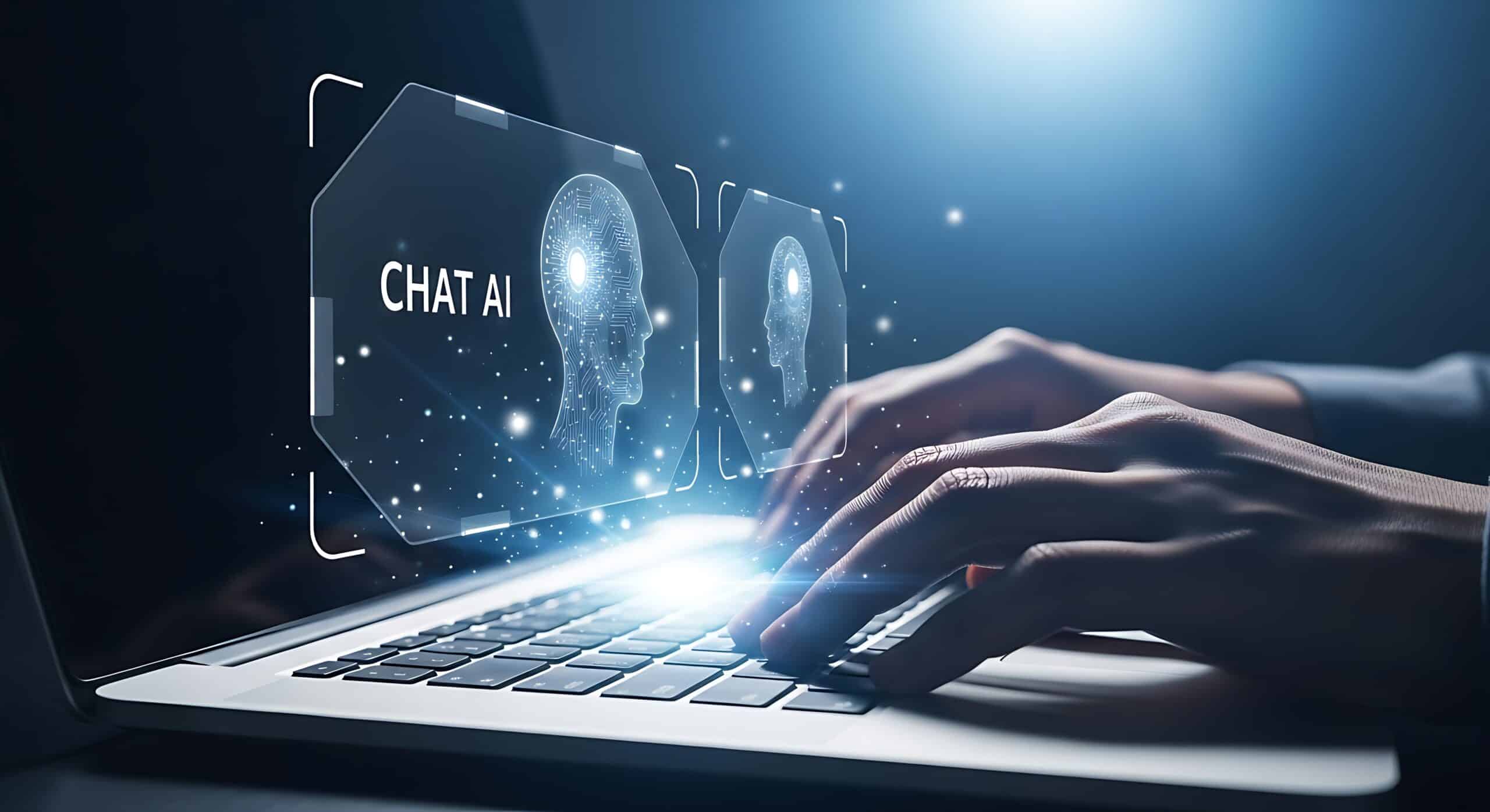 Hands typing on a laptop displaying a futuristic AI chat interface with a digital brain.